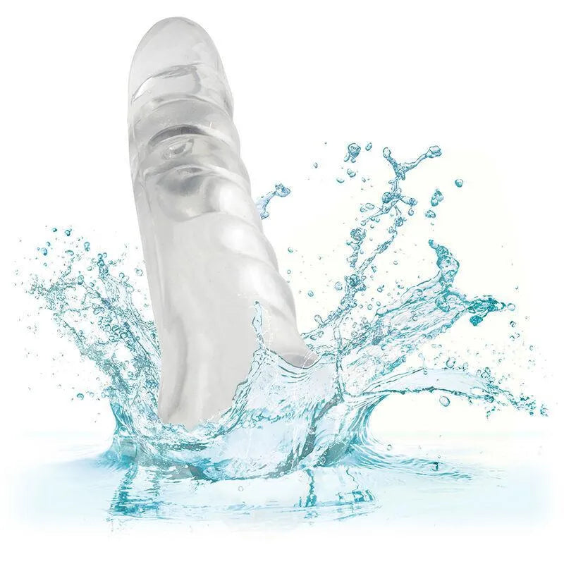 Extension godemichet transparent réaliste, forme anatomique, matériau extensible, tête ultra douce, éclaboussures d'eau.