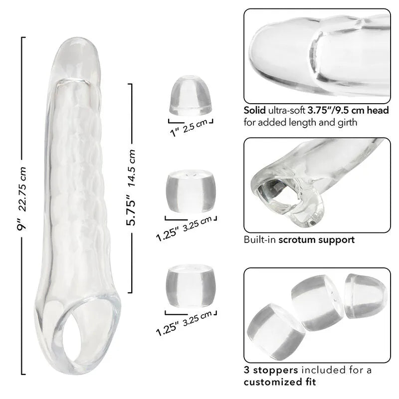 Extension godemichet transparent réaliste, tête ultra-douce, scrotale, trois butées ajustables, hypoallergénique.