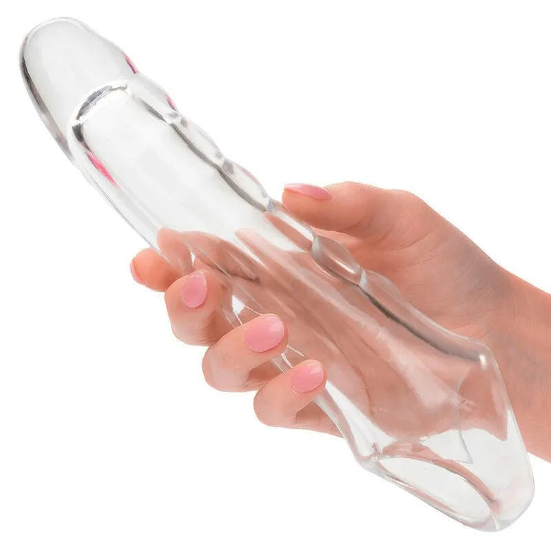 Extension godemichet transparent réaliste avec tête douce, forme allongée, tenue en main, matériau extensible.