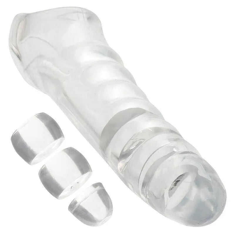Extension godemichet transparent réaliste, tête ultra douce, scrotale stable, trois butées ajustables, hypoallergénique.