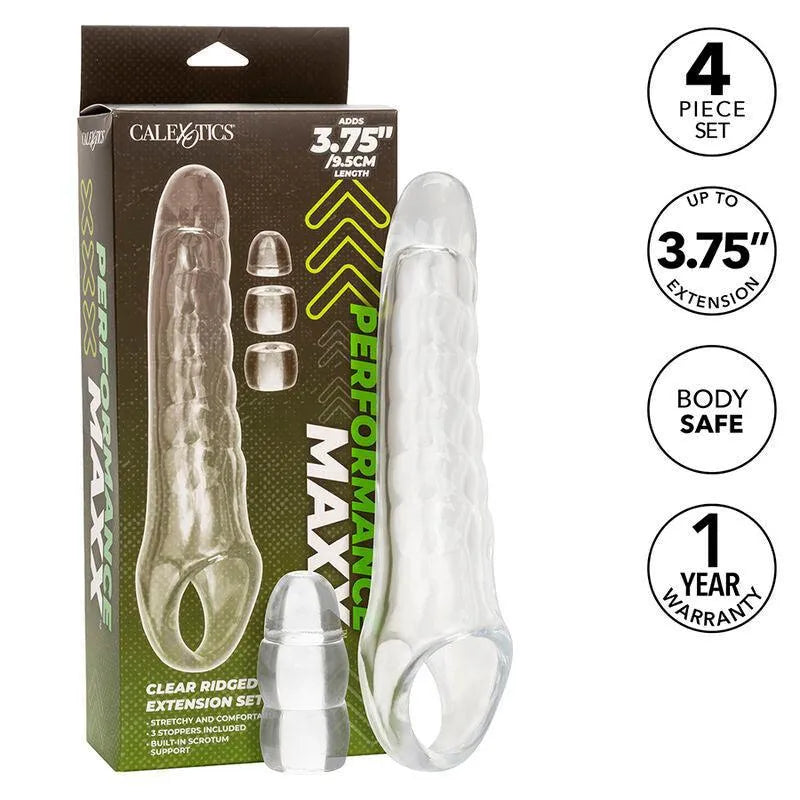 Extension godemichet transparent réaliste avec tête ultra douce et sangle scrotale, emballage inclus.