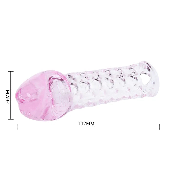 Extension pénis rose et transparente en TPR texturé, 117mm, flexible et stimulante, pour confort et plaisir prolongé.