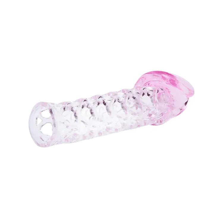 Extension pénis transparente texturée en TPR flexible avec crêtes, ajoutant 2,5 cm de longueur, confortable et hygiénique.