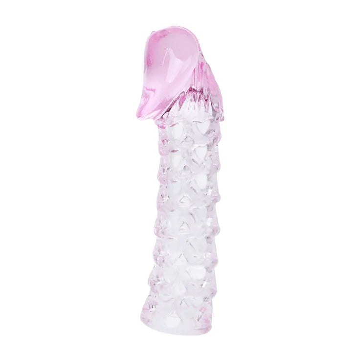 Extension pénis rose texturée en TPR flexible, crêtes stimulantes, ajout longueur 2,5 cm, confort adaptatif.