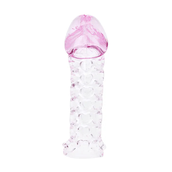 Extension pénis texturée rose en TPR flexible, crêtes stimulantes, forme réaliste, matériau souple et confortable.