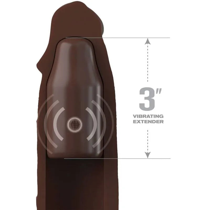 Extension pénis vibrante en silicone marron avec télécommande, design réaliste et ergonomique, hypoallergénique.