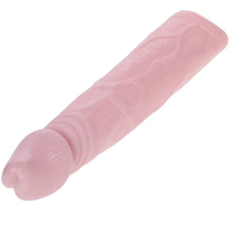 Extension pénis vibrante rose TPR, 18 cm, texture réaliste, augmentation 33% longueur, matériau doux et extensible.