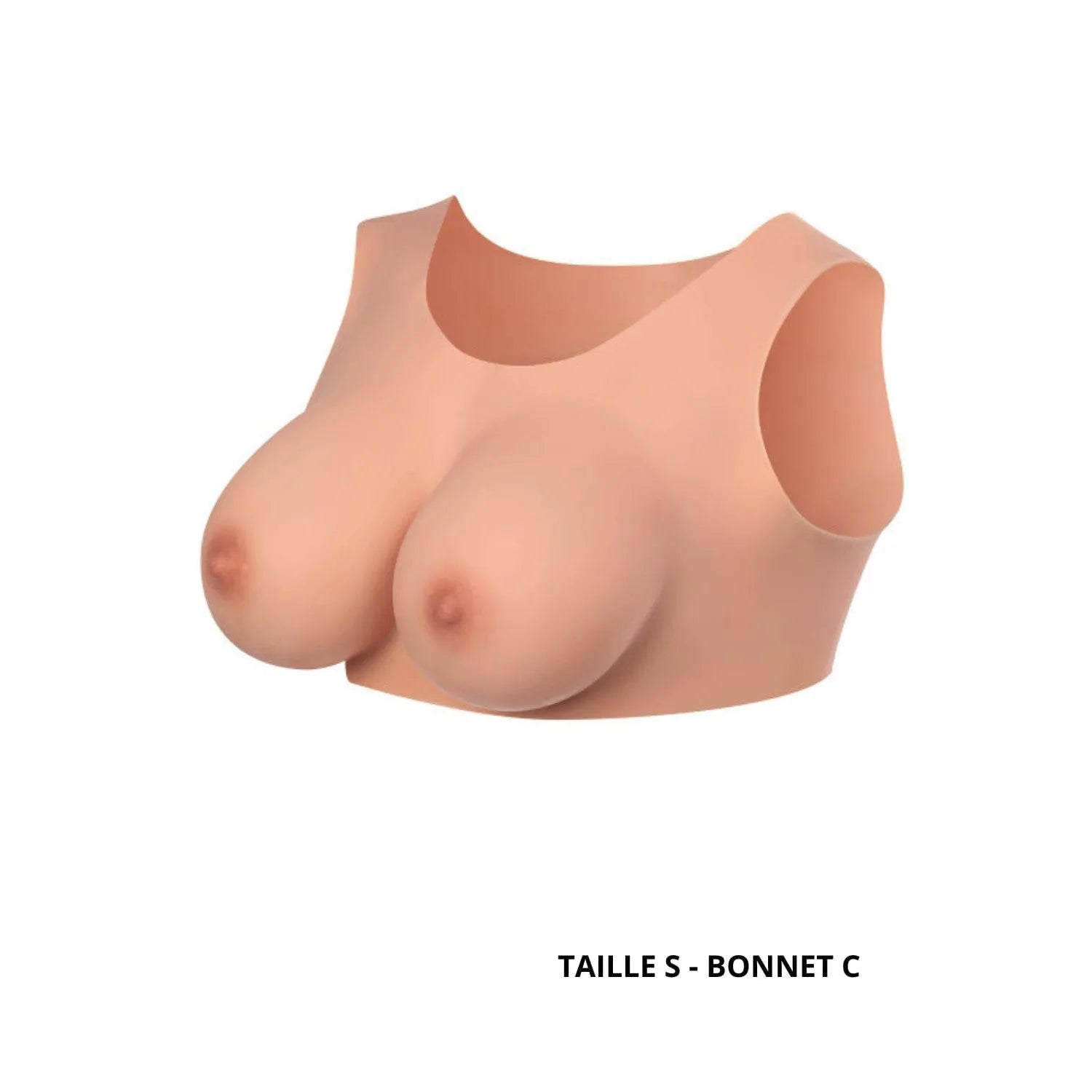 Fausse poitrine silicone hypoallergénique extensible toucher peau ultra réaliste léger facile enfiler bonnets C col rond ajustement tailles 36 38