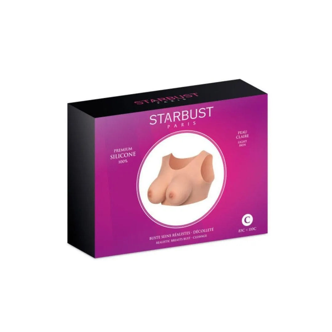 Fausse poitrine silicone réaliste couleur peau, bonnets C, col rond, dans boîte noire et rose, tailles 36-38.