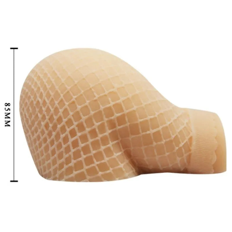 Fessier Sextoy réaliste beige avec texture en maille, deux ouvertures et dimensions visibles, en TPR et ABS.