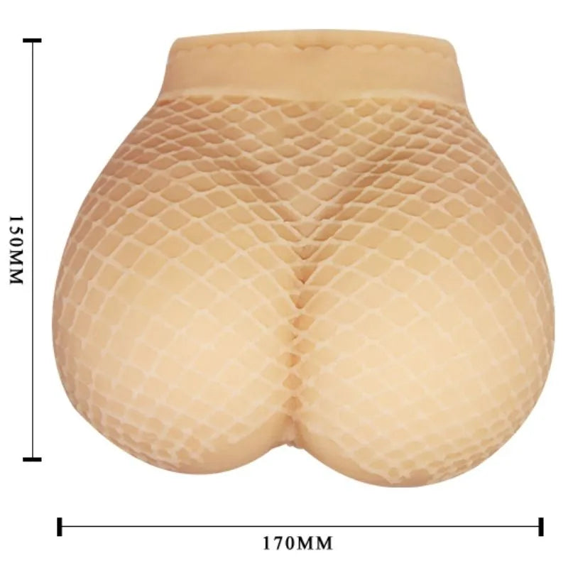 Fessier Sextoy réaliste en TPR beige avec texture filet, dimensions 150x170mm, deux orifices, stimulation vibrante.