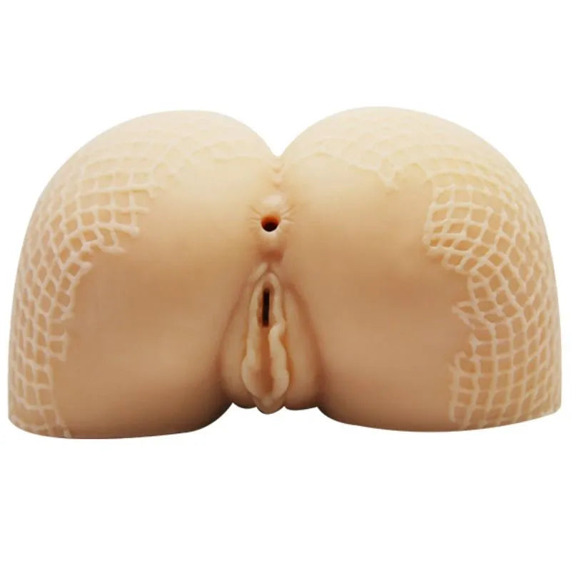 Fessier Sextoy réaliste beige avec texture filet, deux orifices, fabriqué en TPR et ABS, pour stimulation érogène.