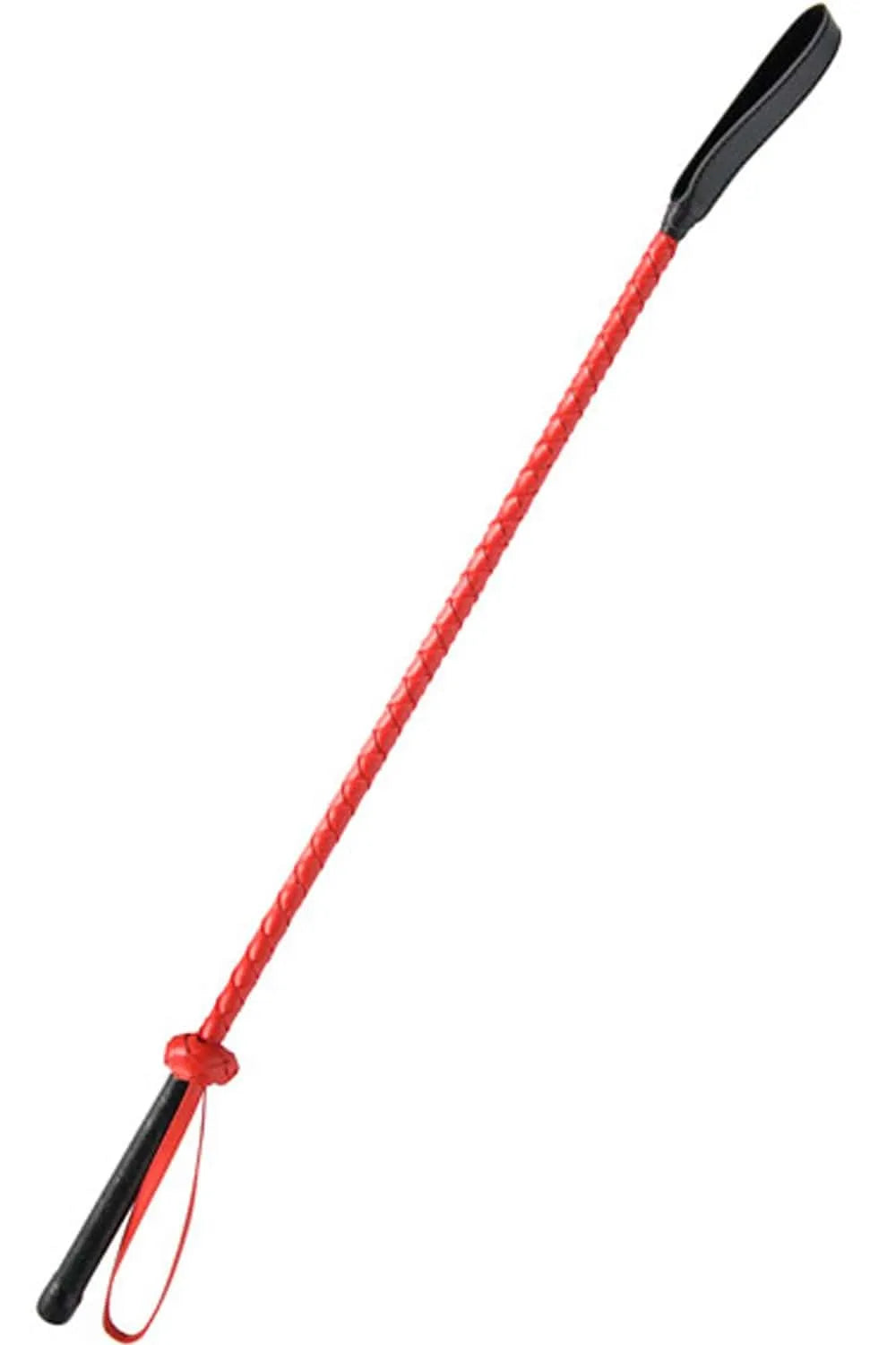 Fouet BDSM rouge 60cm, poignée dragonne, embout tapette, matériaux durables, domination et soumission.