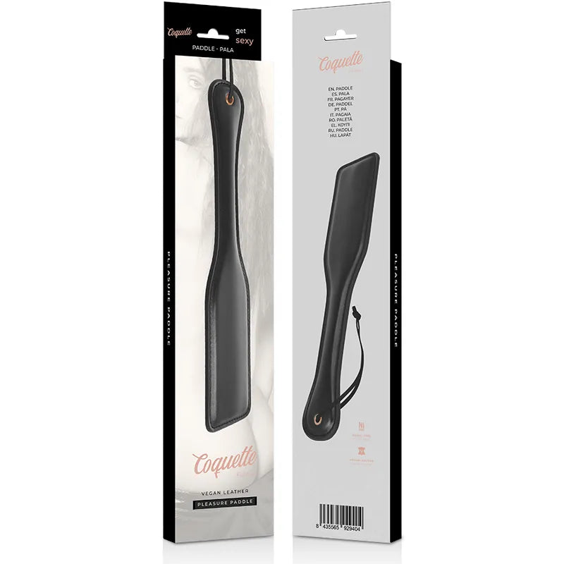 Fouet BDSM cuir végane noir, design élégant et raffiné, manche ergonomique, idéal pour jeux fétichistes intenses.
