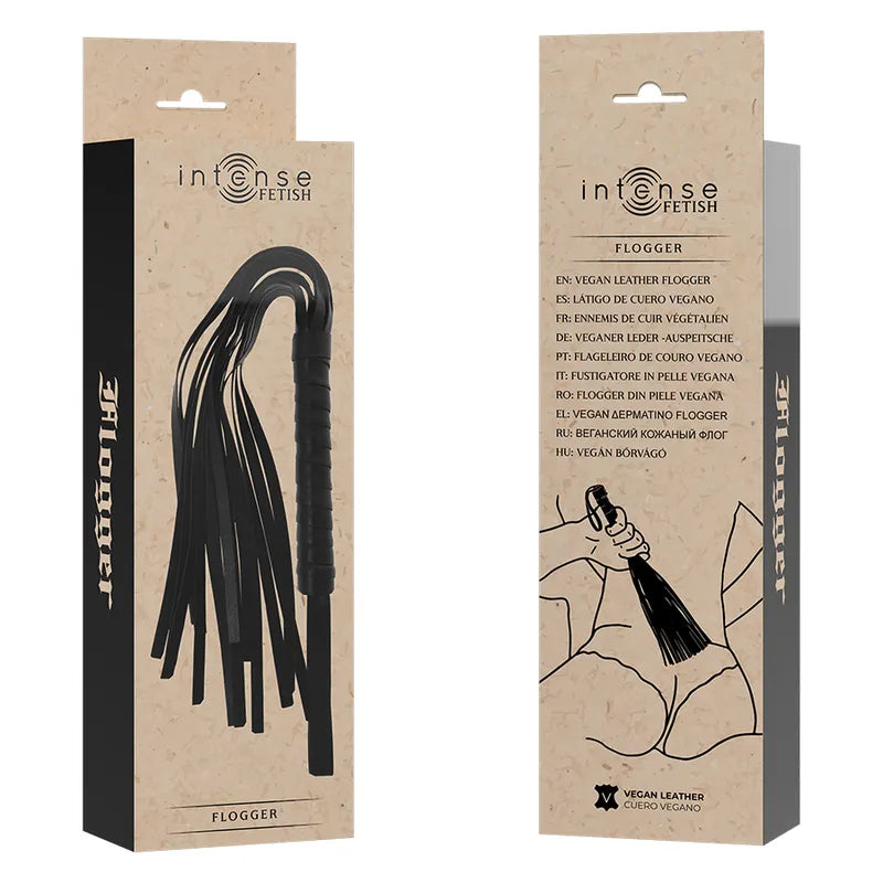 Fouet BDSM cuir végane noir, lanières souples, poignée antidérapante, design ergonomique, emballage INTENSE FETISH.