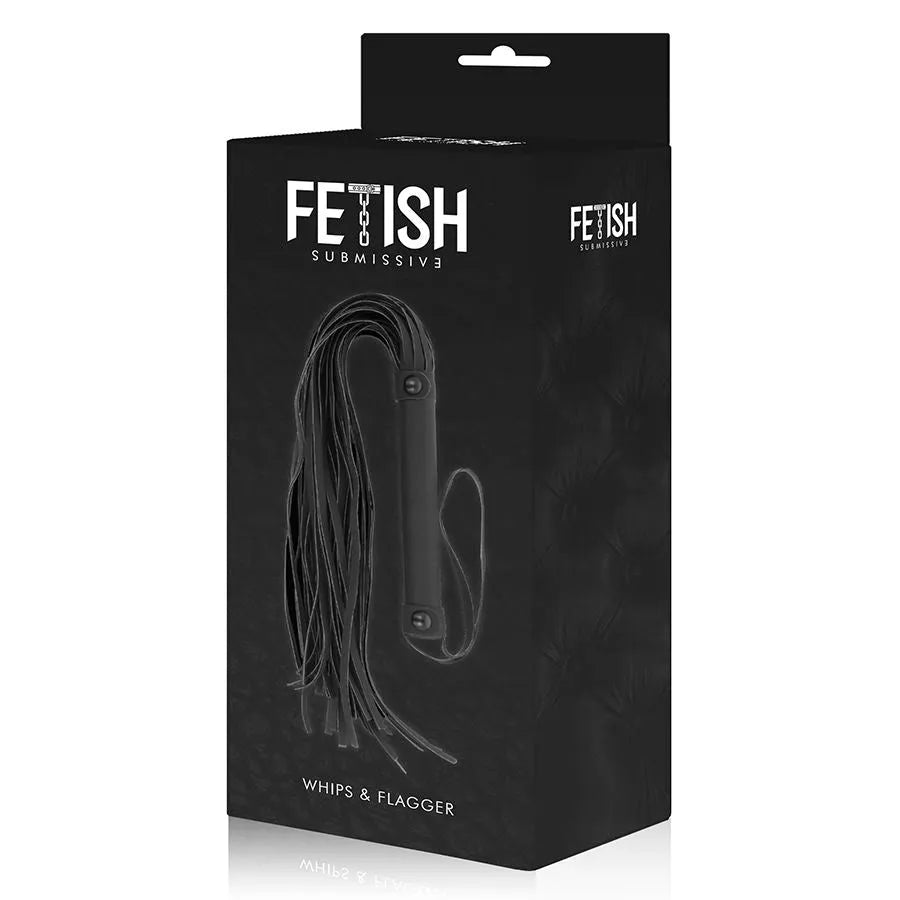 Fouet BDSM en cuir vegan noir, manche ergonomique 15cm, lanières 28cm, emballage élégant, matériaux éthiques.