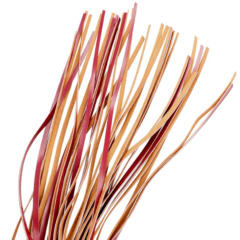 Fouet BDSM en cuir vegan marron, lanières souples, poignée ergonomique noire, métal sans nickel, haute qualité.
