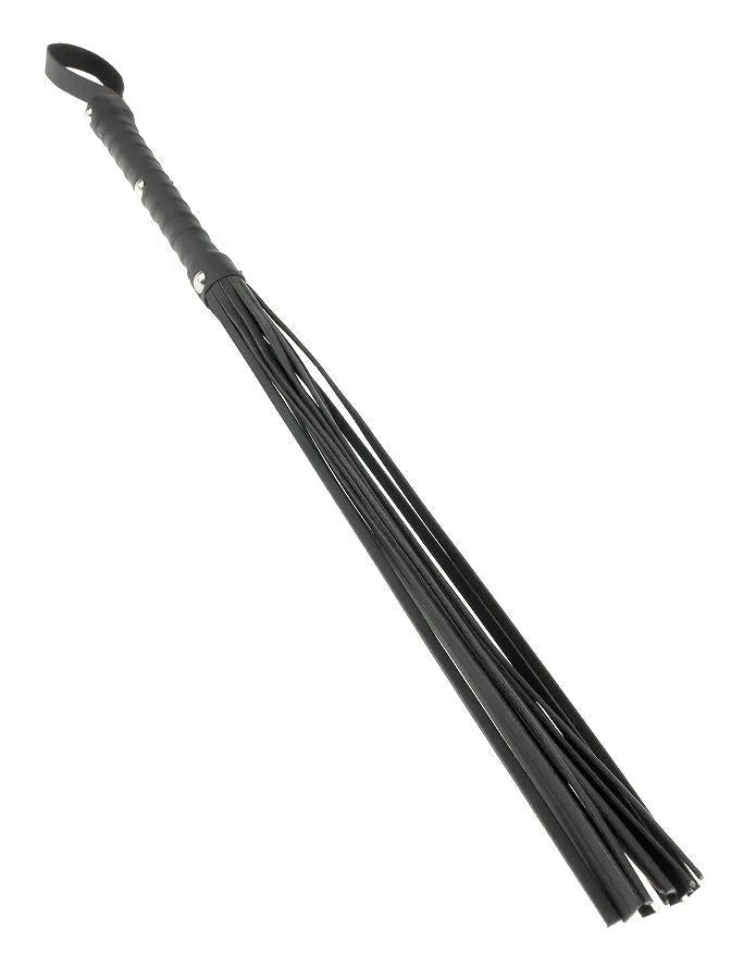 Fouet BDSM luxe noir, cuir synthétique tressé, poignée antidérapante, design élégant et ergonomique pour domination.