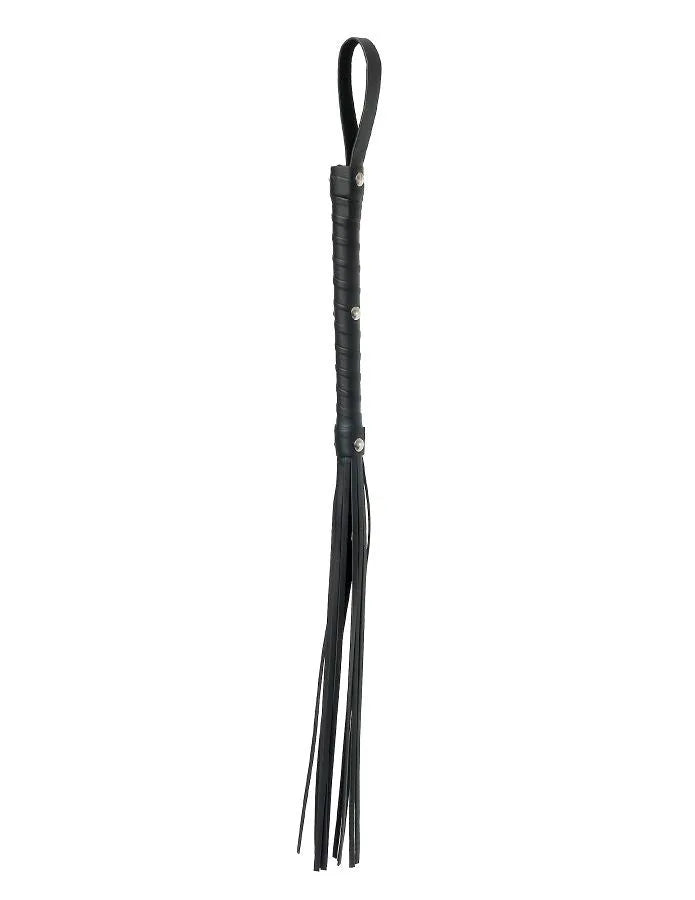 Fouet BDSM luxe noir, cuir synthétique tressé, poignée antidérapante, design élégant et ergonomique pour domination.