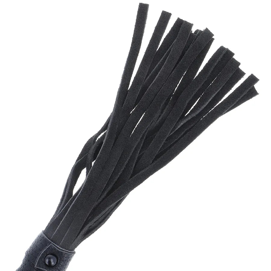 Fouet bondage noir élégant, lanières en cuir, poignée ergonomique, accessoire fétiche durable et sophistiqué.