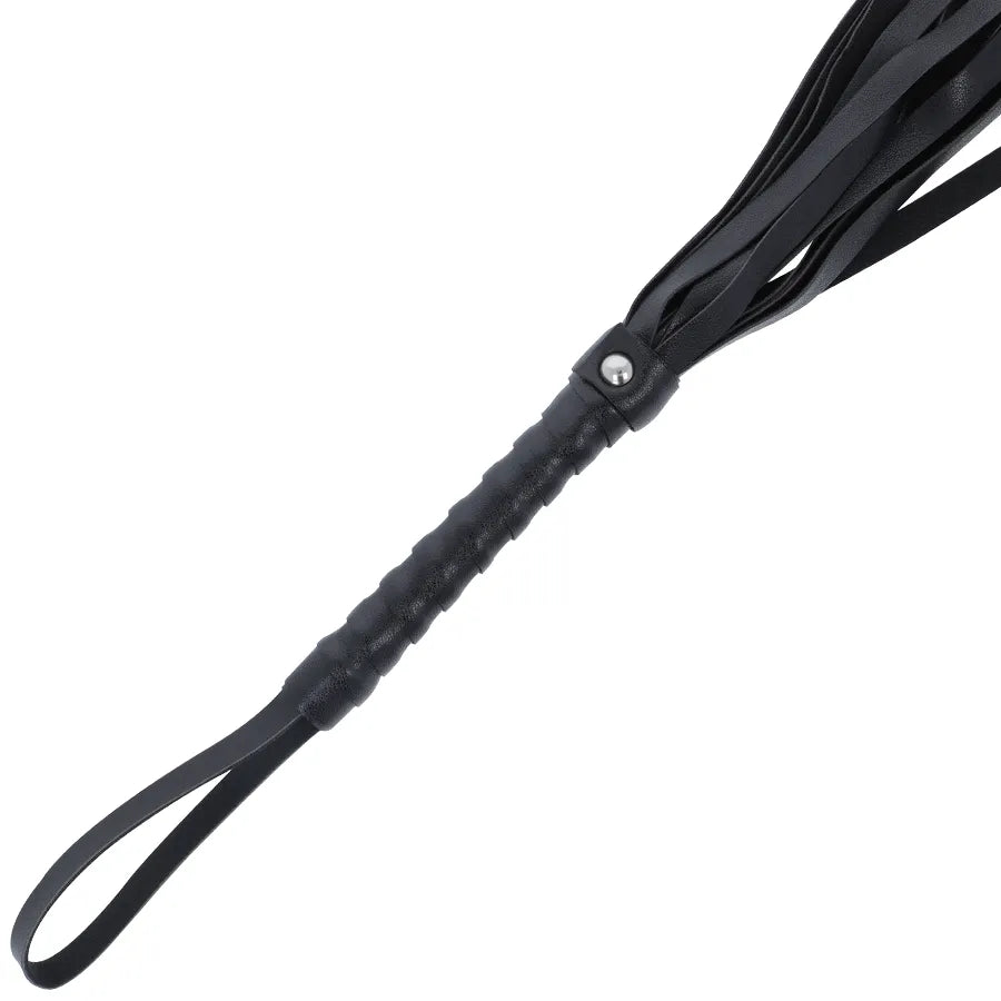 Fouet bondage noir élégant avec poignée ergonomique antidérapante, lanières résistantes, design sophistiqué pour BDSM.