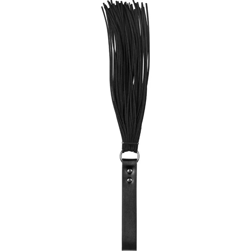 fouet noir simili cuir durable élégant robuste poignée ergonomique lanières délicates connecteur métallique brillant polyvalent débutants expérimentés sensations intenses mystérieux