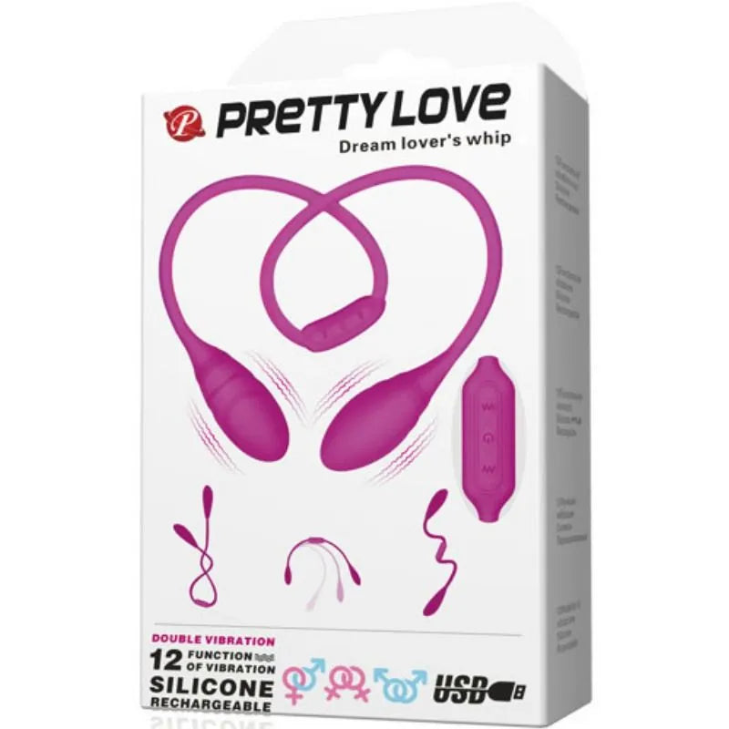 Fouet vibrant rose en silicone avec double moteurs, 12 modes, flexible, rechargeable USB, sur fond blanc.