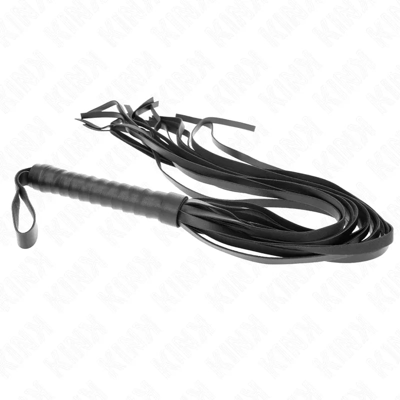 Fouet BDSM en cuir noir, poignée ergonomique, lanières longues, design élégant, pour jeux érotiques raffinés et intenses.