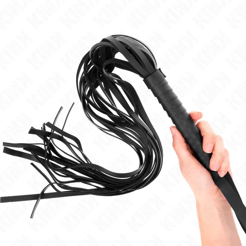 Fouet BDSM en cuir noir véritable, poignées ergonomiques, lanières longues, design élégant et durable pour sensations inte...