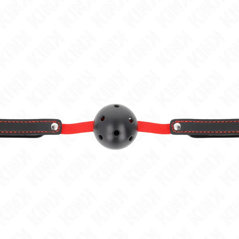 Gag BDSM en silicone noir avec bretelles rouges ajustables, design ergonomique et sécurisé, idéal pour confort et domination.