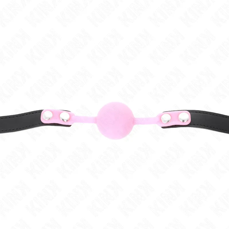 Gag BDSM en silicone rose avec sangle noire ajustable, ergonomique et discret pour confort et sécurité.