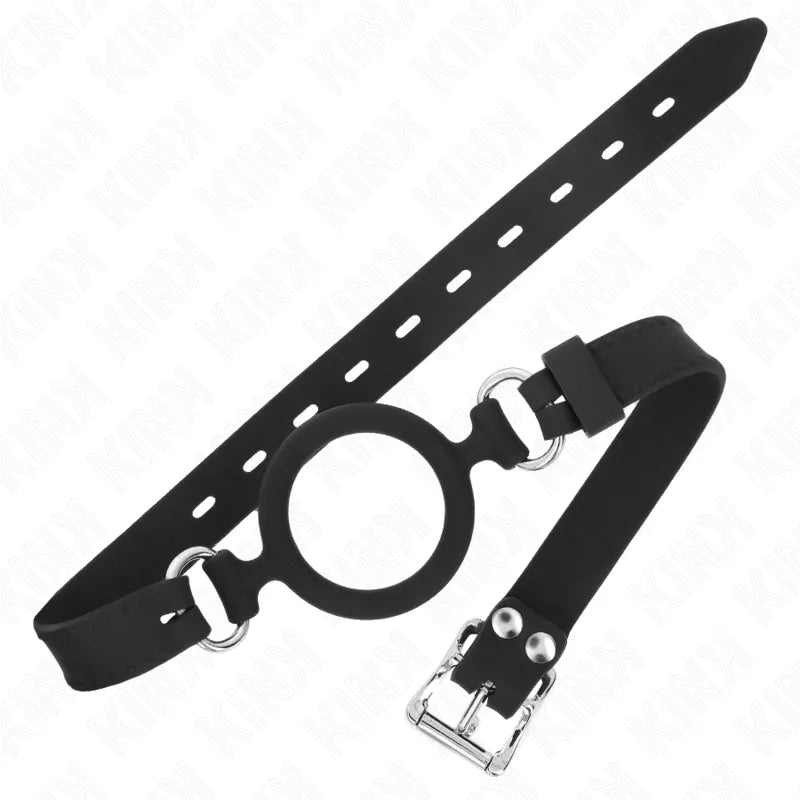 Baillon BDSM en silicone noir ajustable avec sangle perforée, boucle métallique, design ergonomique et sécurisant.