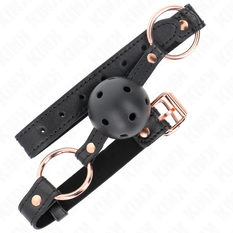 Gag BDSM en silicone noir avec sangle ajustable et boucles métalliques dorées, design ergonomique et discret.