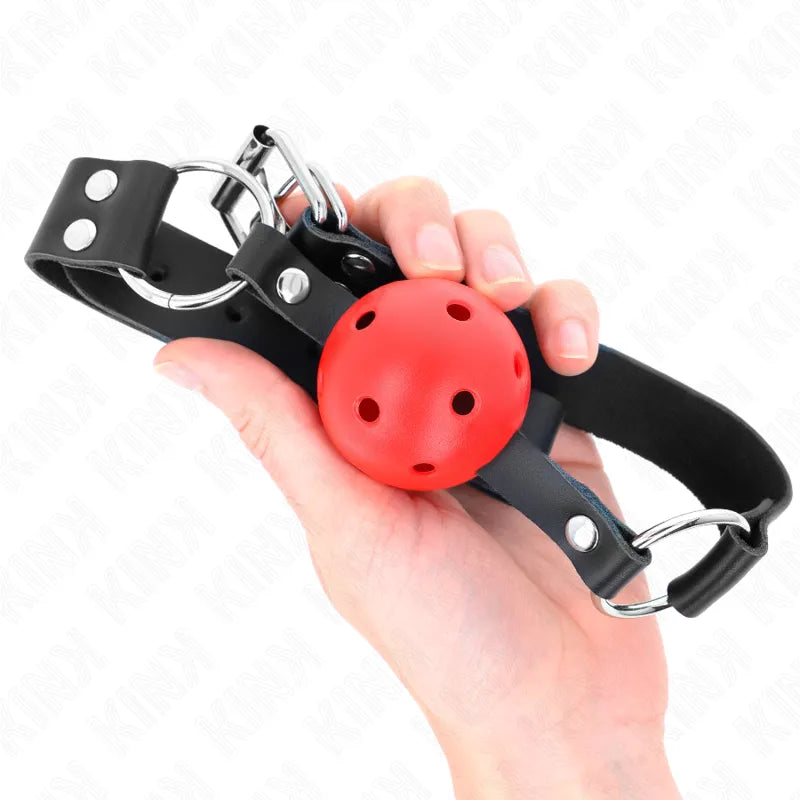Gag BDSM en silicone rouge, hypoallergénique, avec sangle noire ajustable et boucles métalliques, pour soumission conforta...