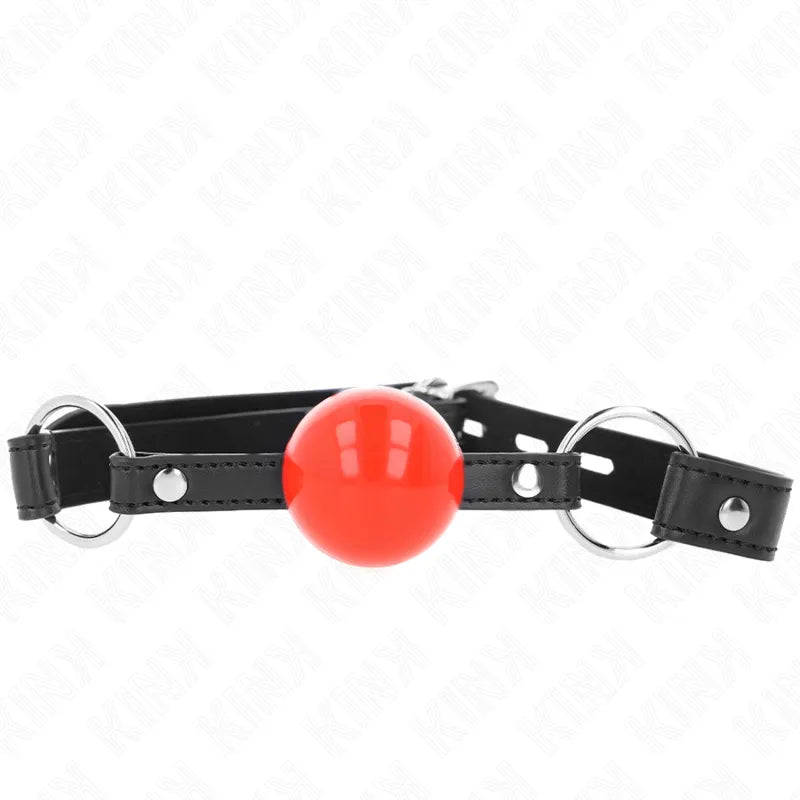 Gag BDSM silicone rouge ajustable, sangles noires, design ergonomique et discret pour confort et sécurité optimale.