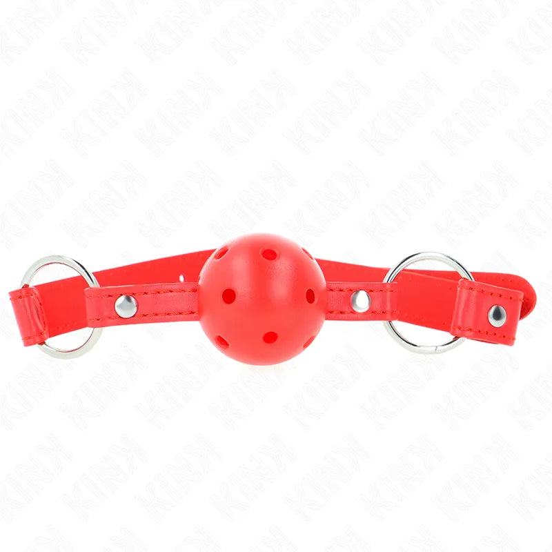 Gag boule BDSM rouge en silicone doux avec sangle ajustable et trous de respiration, élégant et confortable.