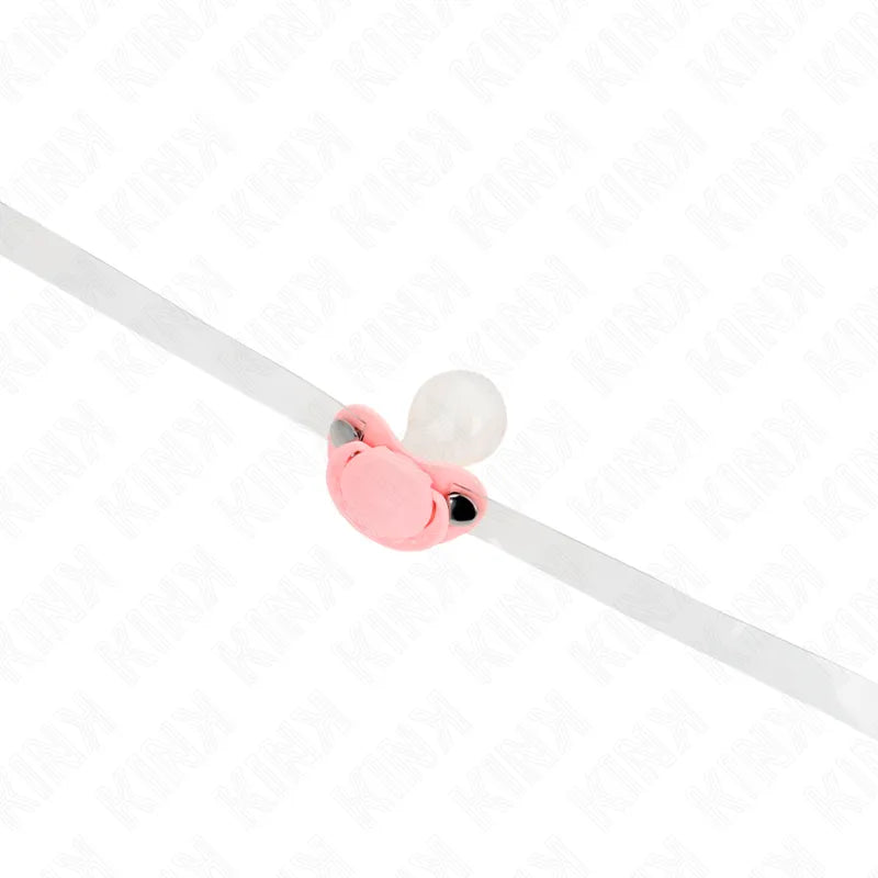 Bâillon boule silicone rose, hypoallergénique, sangles réglables blanches, confort ergonomique pour BDSM.
