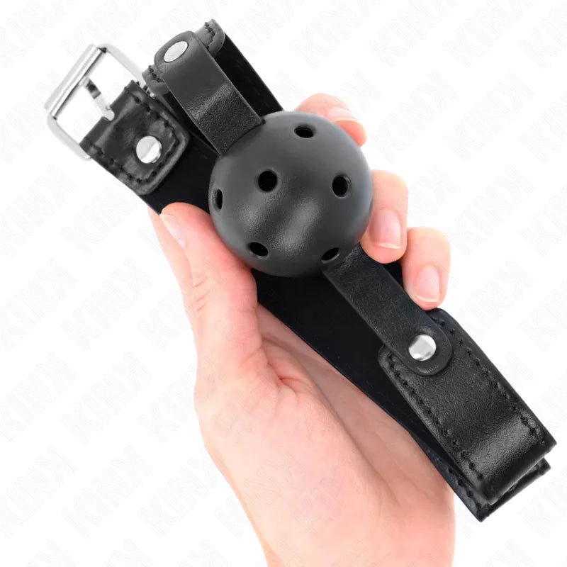 Gag boule silicone noir ergonomique avec sangles réglables en cuir, design sécurisé et confortable pour jeux BDSM.