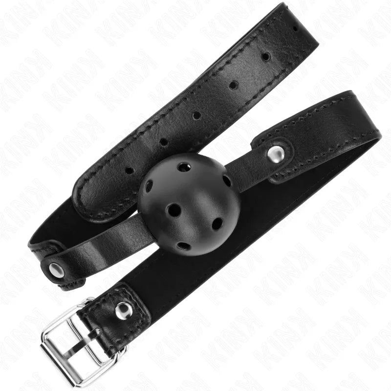 Gag boule BDSM en silicone noir avec sangles réglables en cuir, ergonomique et hypoallergénique pour confort et sécurité.