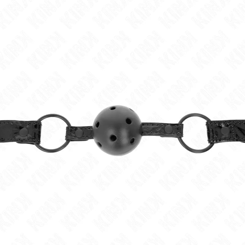 Bouchon silicone noir ajustable avec bille perforée, lanières noires, ergonomique et discret pour sessions BDSM sécurisées.