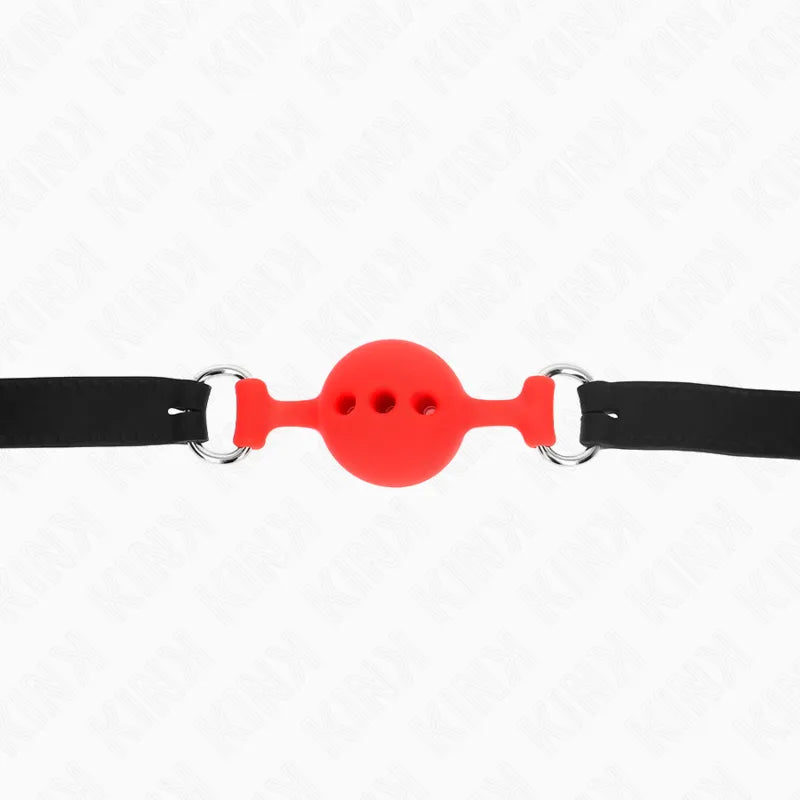 Gag en silicone rouge ergonomique avec sangles noires ajustables, design doux et hygiénique pour confort BDSM.