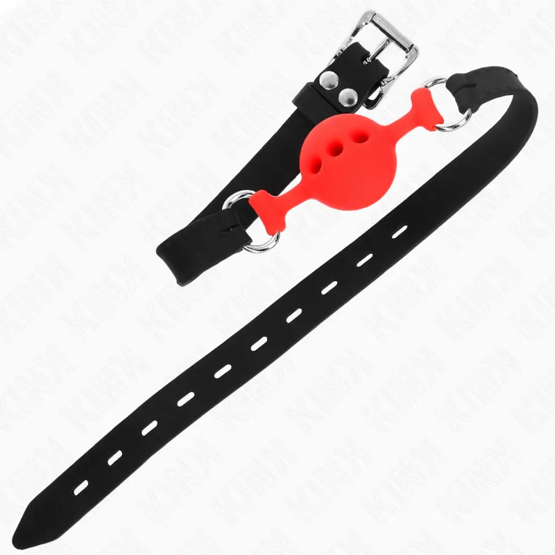 Gag BDSM silicone rouge ergonomique avec sangles ajustables noires, design confortable et hygiénique pour jeux sensuels.