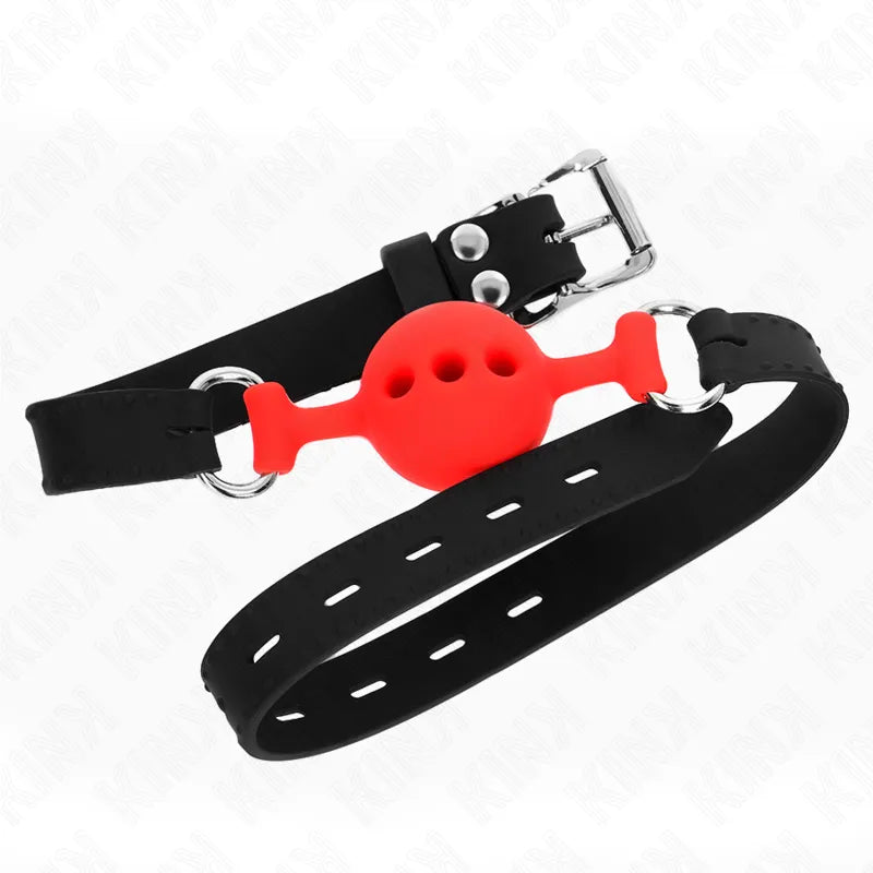Gag BDSM en silicone rouge ajustable avec sangles noires, design ergonomique et confortable pour sessions prolongées.