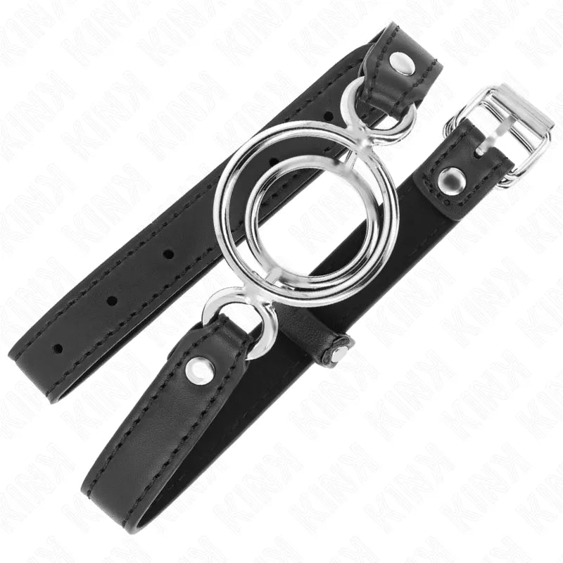 Baillon BDSM en silicone noir, ajustable, avec anneau métallique, sangles réglables, design ergonomique et élégant.