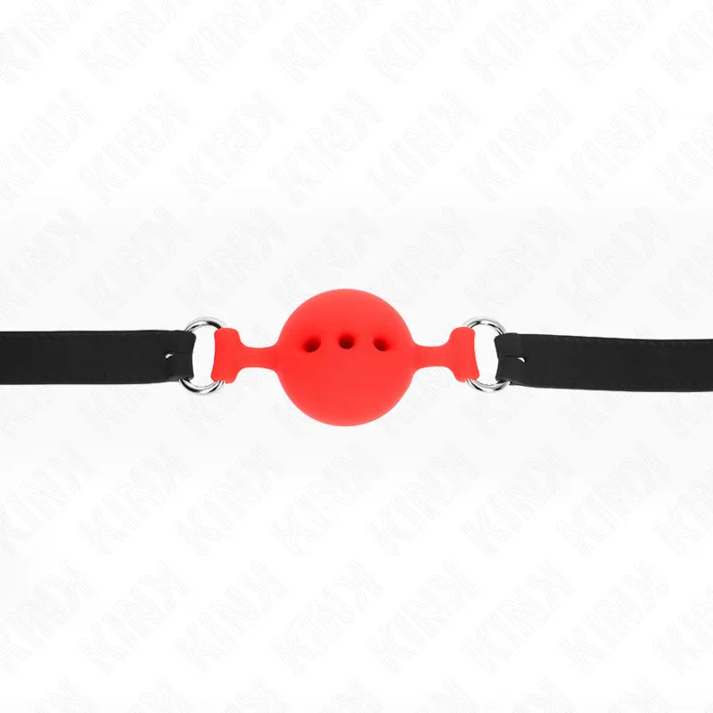 Gag BDSM en silicone rouge ajustable avec sangle noire, ergonomique et hypoallergénique pour confort et sécurité.