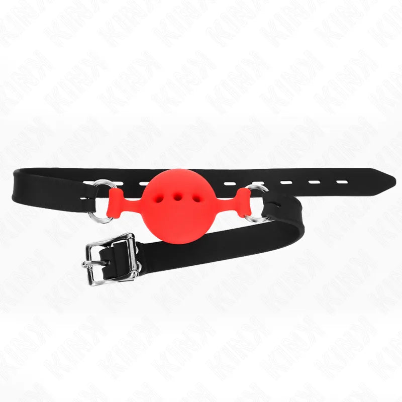 Gag BDSM en silicone rouge ajustable avec sangle noire, boucle métallique, ergonomique et hypoallergénique.