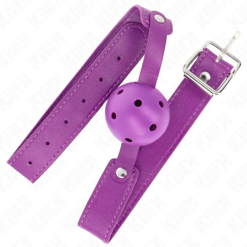 Gag BDSM silicone violet réglable, boule perforée, sangle ajustable, confort optimal, accessoire discret et durable.