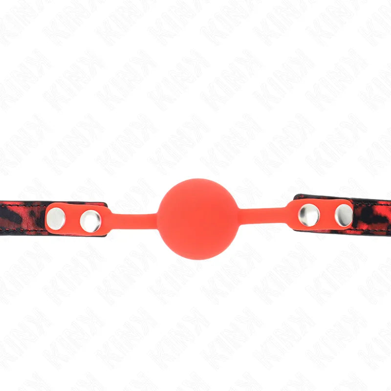 Bâillon BDSM silicone rouge ajustable, sangle noire à motifs, boucles métalliques, confort et sécurité, usage débutant à e...