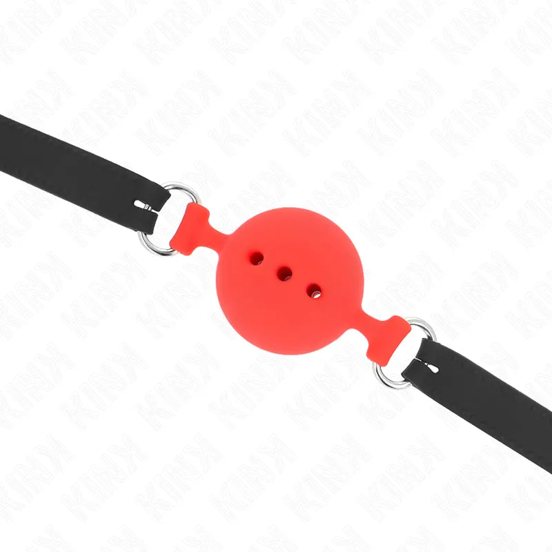 Bâillon BDSM silicone rouge, sangles réglables noires, ergonomique, discret, hypoallergénique, plaisir sécurisé.