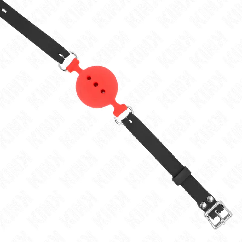 Bâillon BDSM en silicone rouge avec sangles noires ajustables, design ergonomique et discret, sécurité et confort garantis.